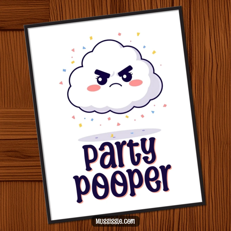 Funny grumpy cloud digital art print, raining colorful confetti, high-resolution and humorous for instant cheerful wall decor.