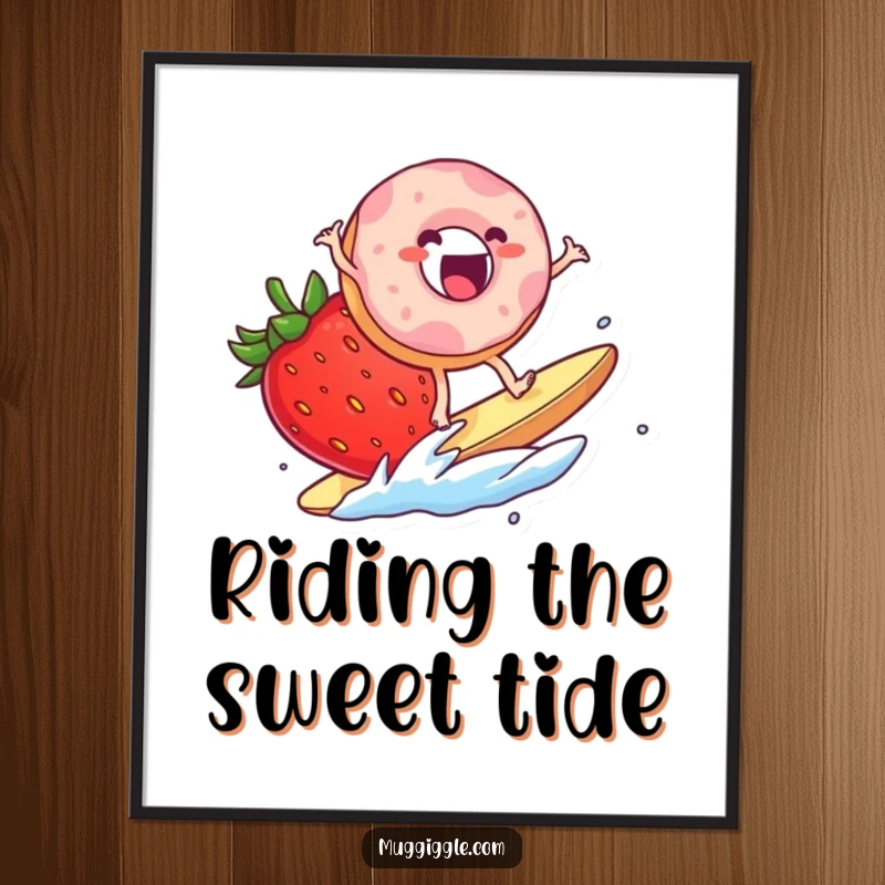 Funny Digital Art Print: An excited donut character surfing on a giant strawberry slice, perfect for whimsical and sweet decor.