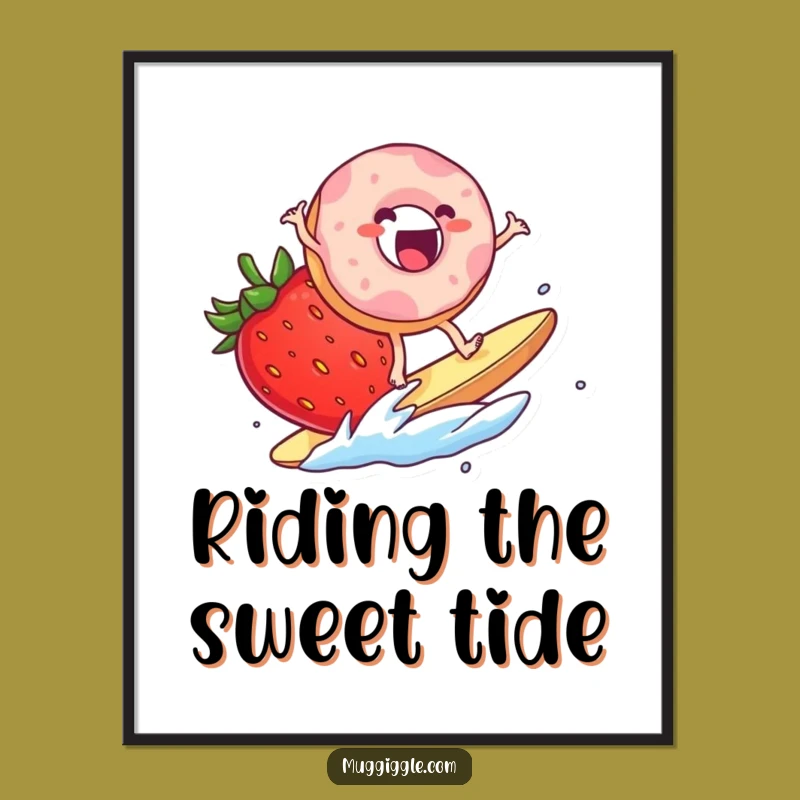 Funny Donut Surf Digital Art: Exciting Strawberry Wave Print for Instant Joy