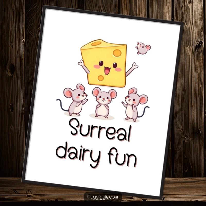 Funny digital art print showing a cheese character juggling tiny mice with surprise, ideal for humorous art collectors and quirky decor.