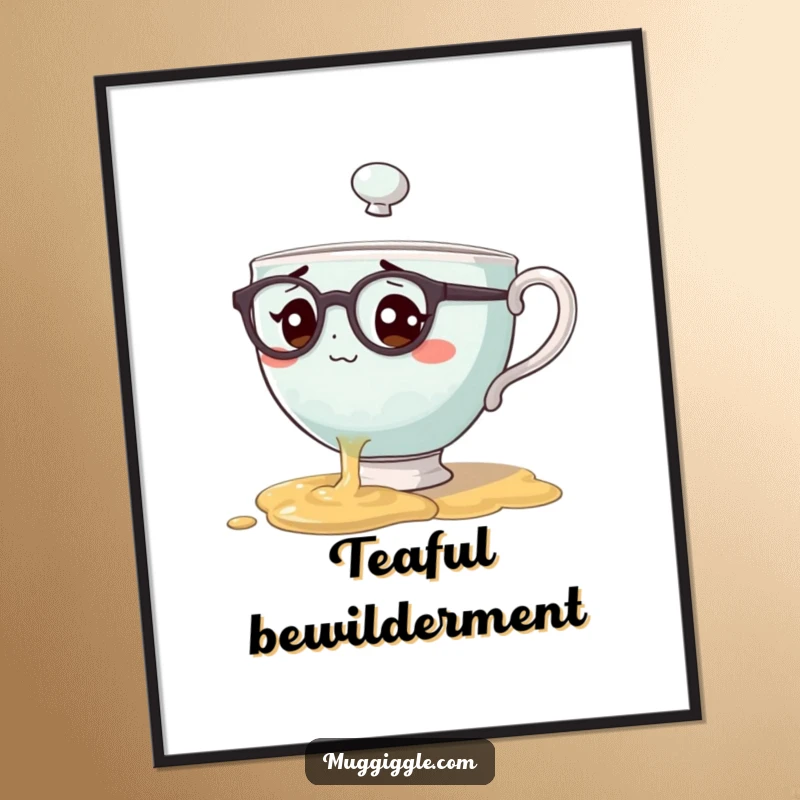 Funny digital art print of a teacup character with spectacles spilling tea in bewilderment, ideal for humorous art collectors and relatable decor.