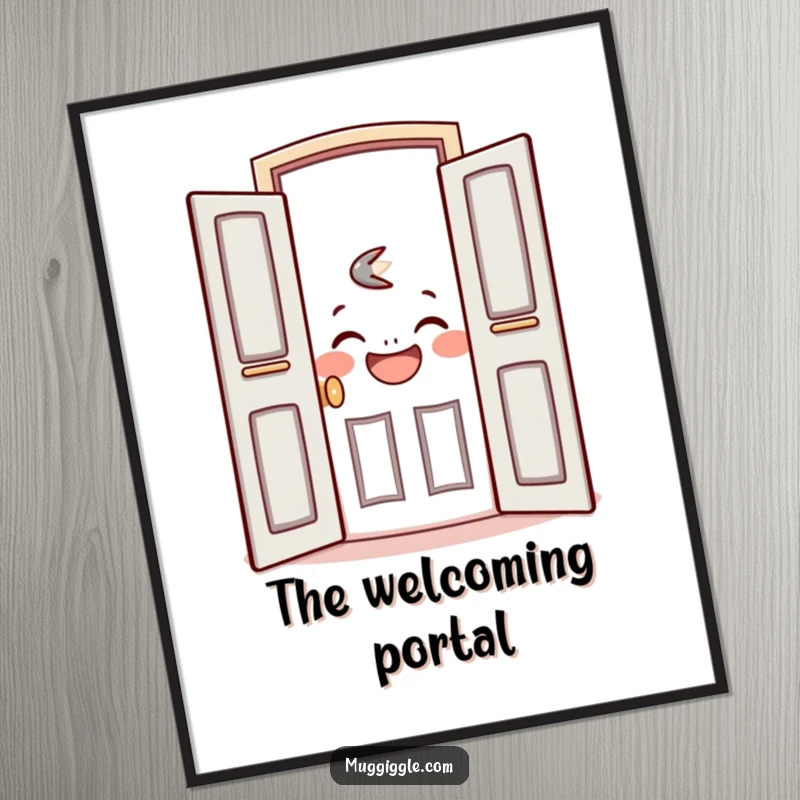 Funny digital art print of a friendly door character opening wide to reveal a joyful, laughing face, inviting happiness.