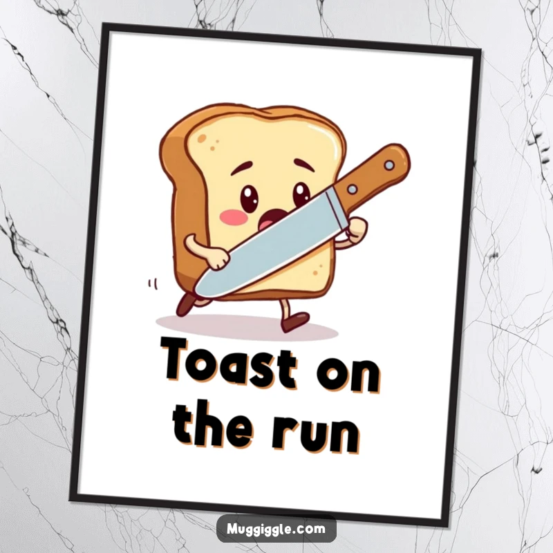 Funny digital art print of a toast character being chased by an oversized butter knife, ideal for instant decor.