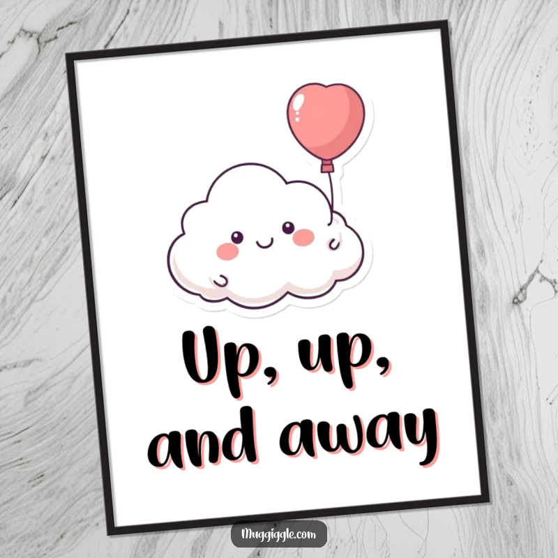Funny digital art print of a smiling cloud character happily floating away with a runaway balloon, ideal for whimsical decor.