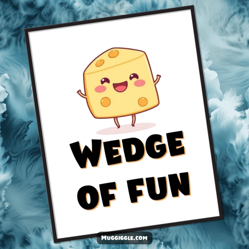 Funny happy cheese wedge character with tiny dancing legs, a digital art print for humorous and cheerful decor.