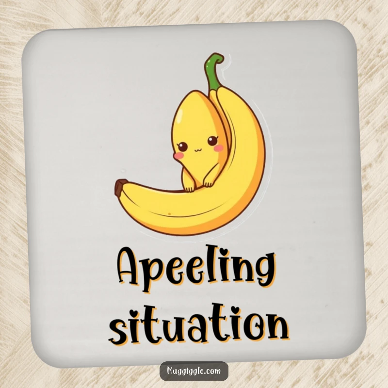 Funny coaster featuring a curious banana character peeking out from an empty banana peel, adding playful flair and surface protection.