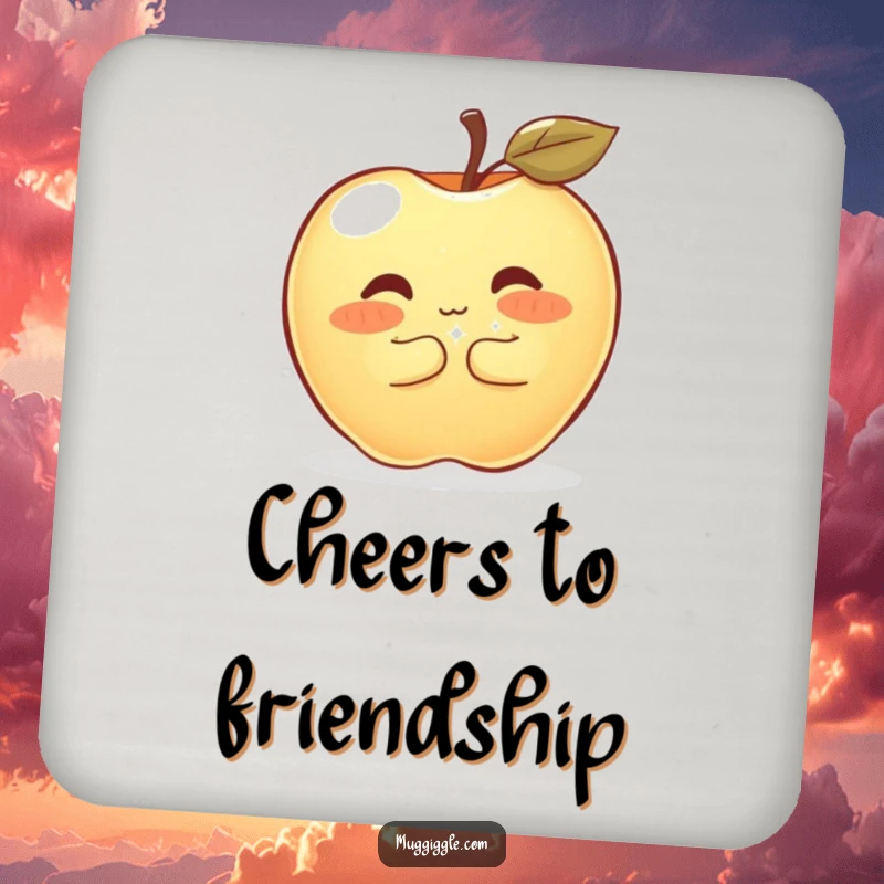 Funny Drink Coaster depicting a shyly blushing apple hugging a sparkly button, perfect for protecting surfaces with sweet humor.