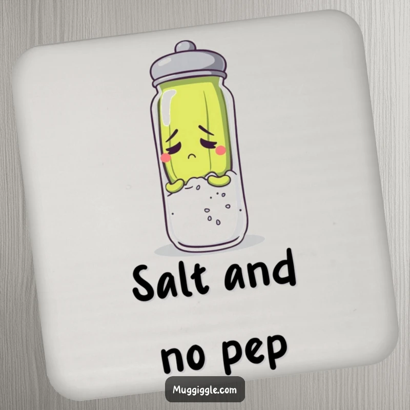 Funny anxious pickle character hiding behind a salt shaker on a protective drink coaster.