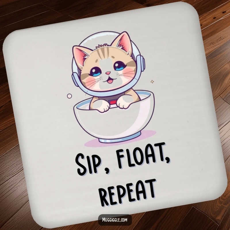 Funny drink coaster showing a cat in an astronaut helmet floating in milk, adding cosmic charm to table settings.