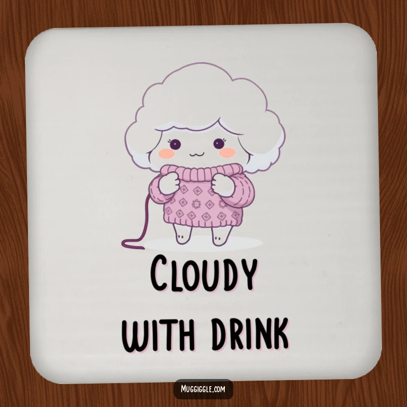 Funny Drink Coaster depicting a fluffy cloud knitting a sweater for a tiny planet, perfect for protecting surfaces with eco-humor.