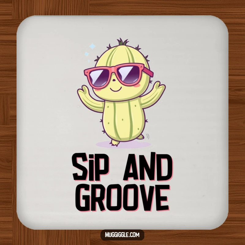 Funny coasters depicting a cute cactus character in oversized sunglasses, dancing energetically, protecting surfaces with art.