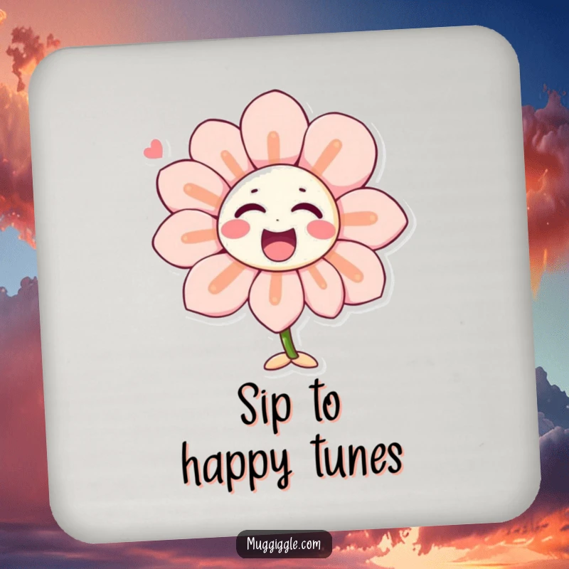 Funny drink coaster with a singing flower character with laughter-shaped petals, protecting surfaces with cheerful charm and a humorous touch.