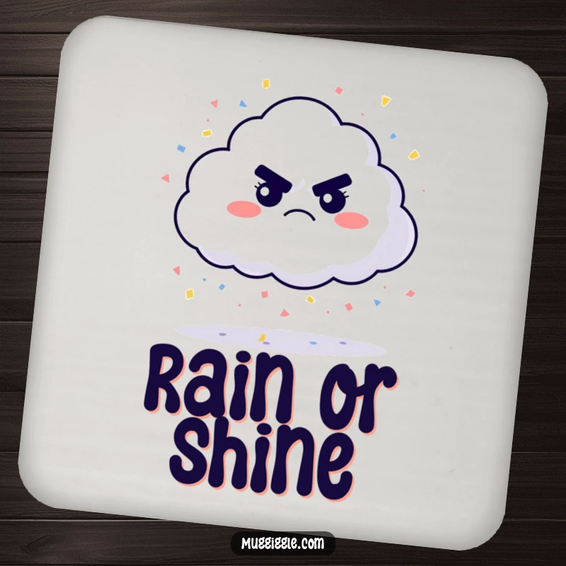 Funny grumpy cloud drink coaster, raining confetti, a humorous and protective accessory for any table, a perfect funny gift.