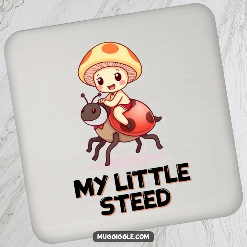 Funny Mushroom Ladybug Coasters: A delighted mushroom character joyfully riding a ladybug like a steed, humorous coasters for drinks.