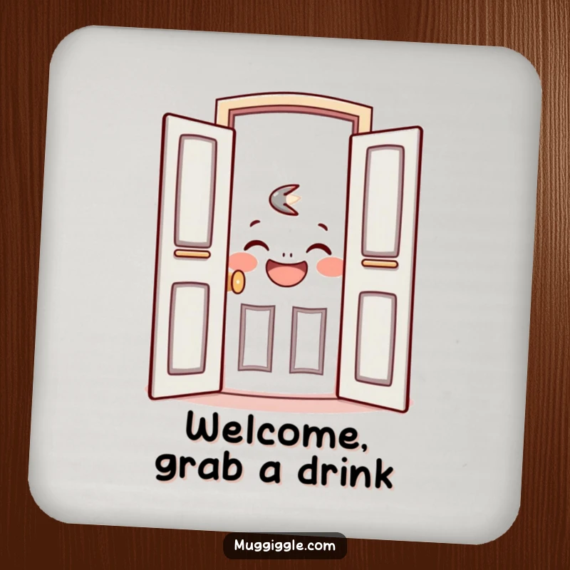Funny drink coaster showing a friendly door character opening to reveal a laughing face, adding a welcoming touch.