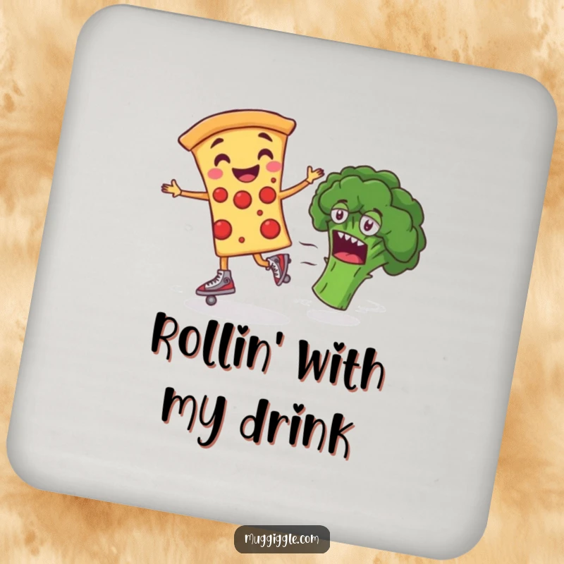Funny Drink Coaster depicting a smiling pizza slice on roller skates, perfect for protecting surfaces with food-themed humor.
