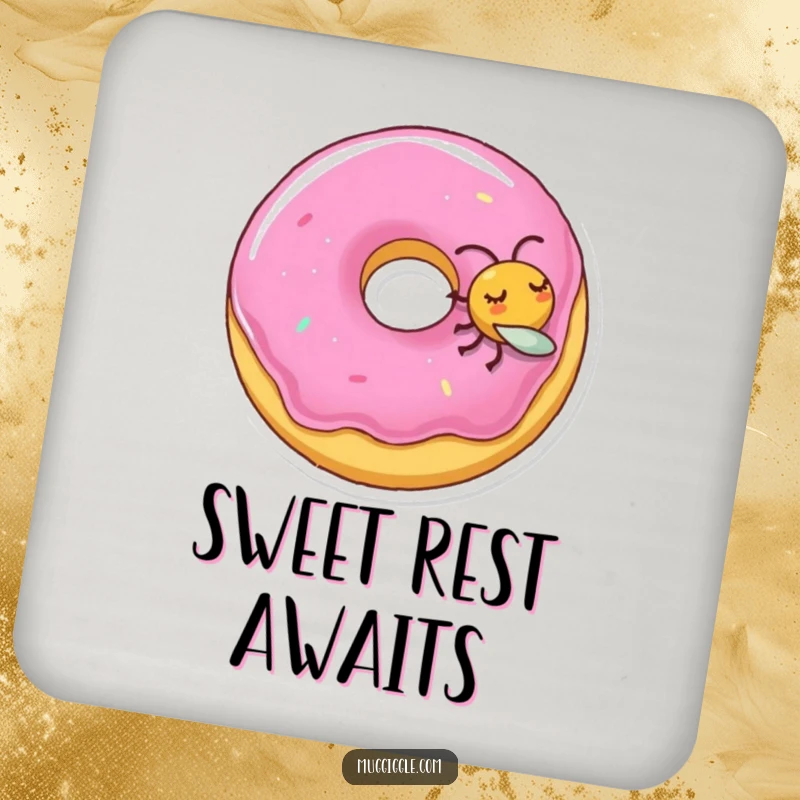 Funny drink coaster showing a sleeping donut character being gently nudged by a playful fly for a charming touch.