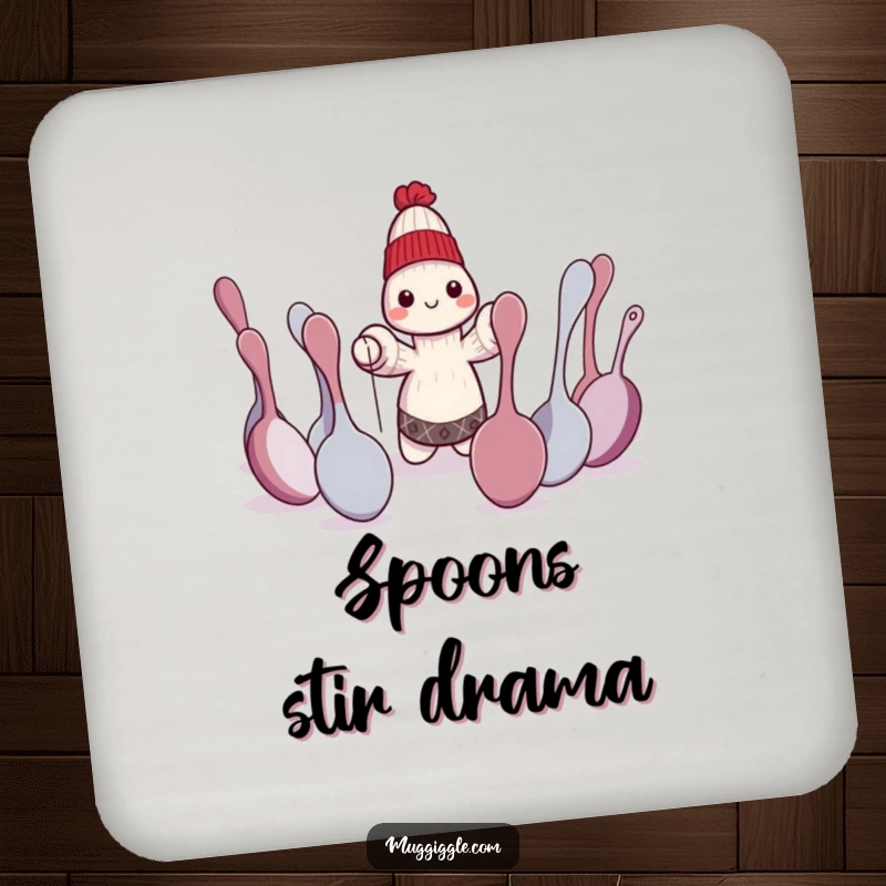 Funny sock puppet character performing a dramatic play for bewildered spoons, a set of humorous drink coasters.