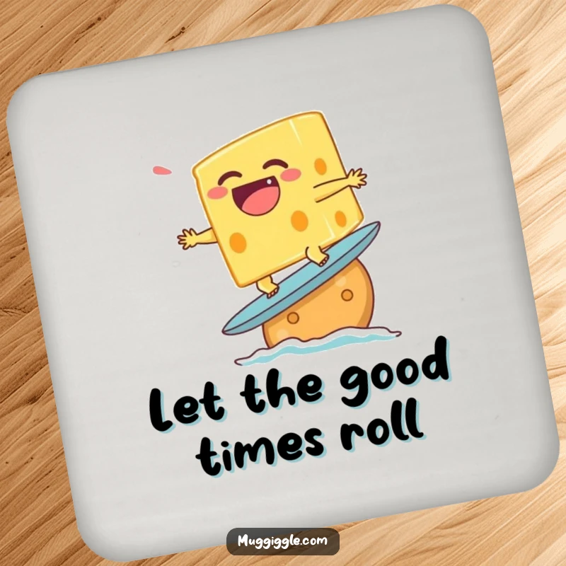 Funny drink coaster with a laughing cheese character attempting to surf on a cracker, adding humorous food flair.