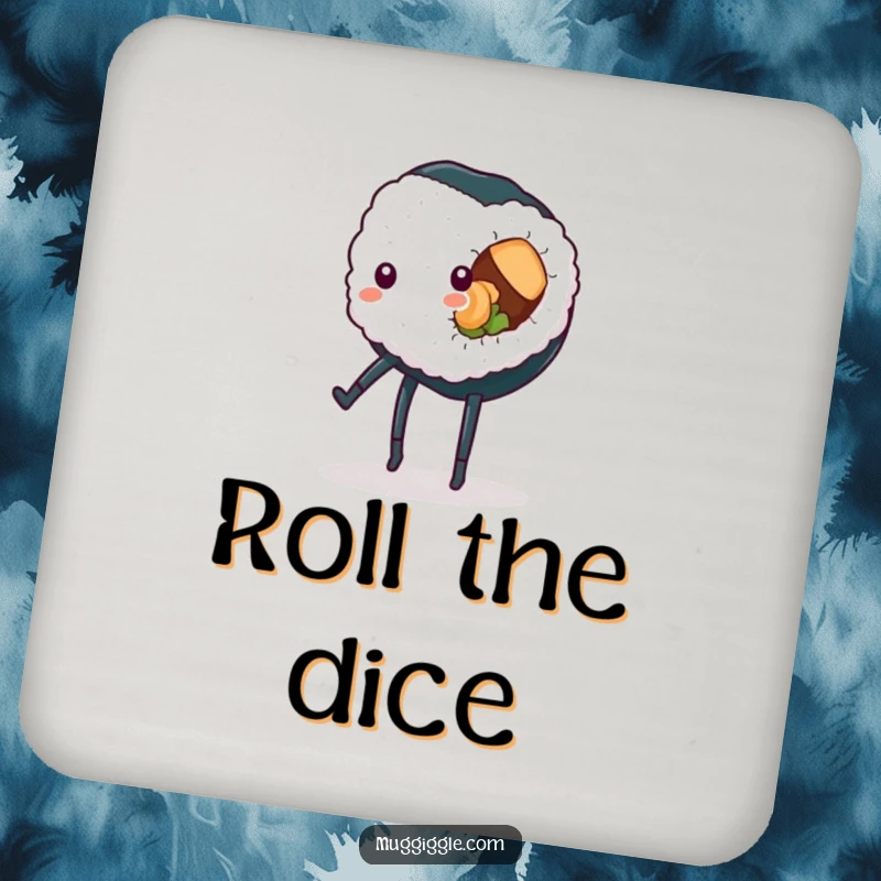 Funny sushi roll drink coaster, legs mid-cartwheel, a humorous and protective accessory for any table, a perfect funny gift.