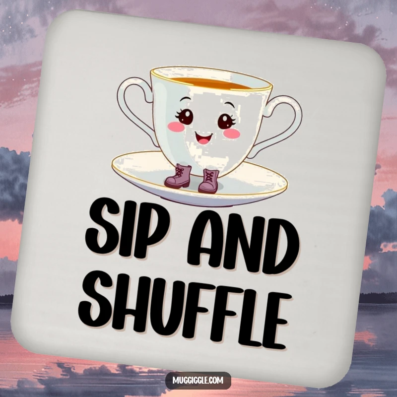 Funny smiling teacup wearing tiny boots, happily tap-dancing on a saucer, printed on a protective drink coaster.