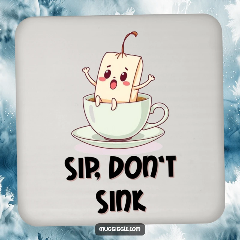 Funny drink coaster showing a surprised teabag with legs kicking, making a break for it from a teacup, a humorous accessory.