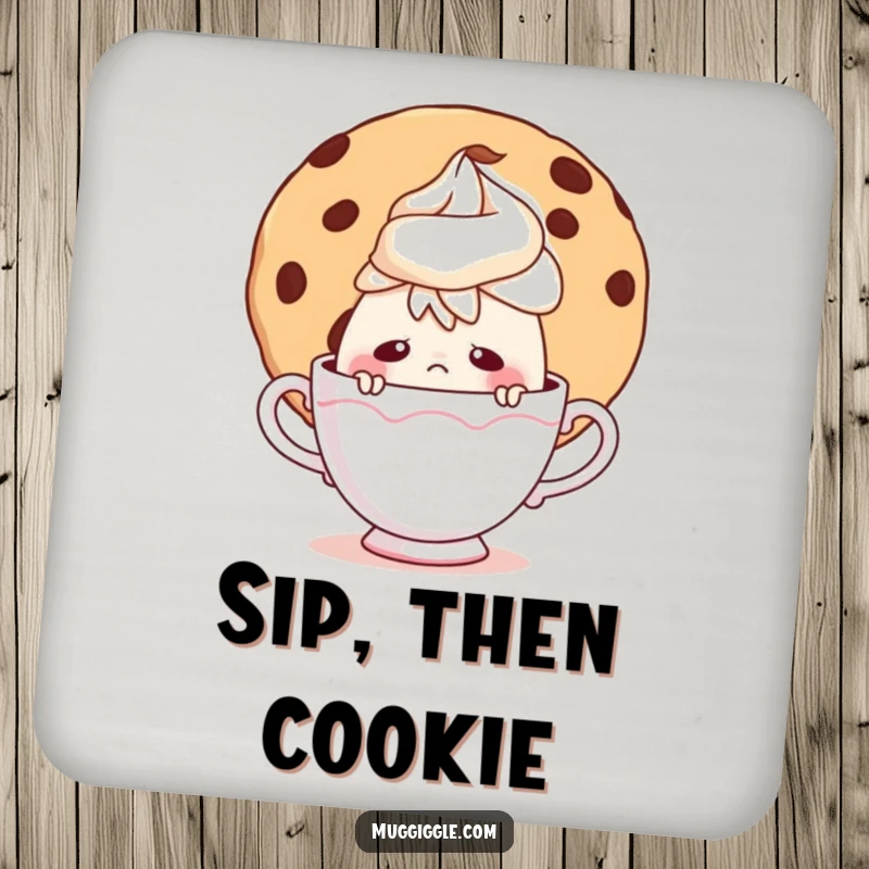 Funny drink coaster showing a timid teacup character peeking from behind a giant cookie, adding a cute, humorous touch.