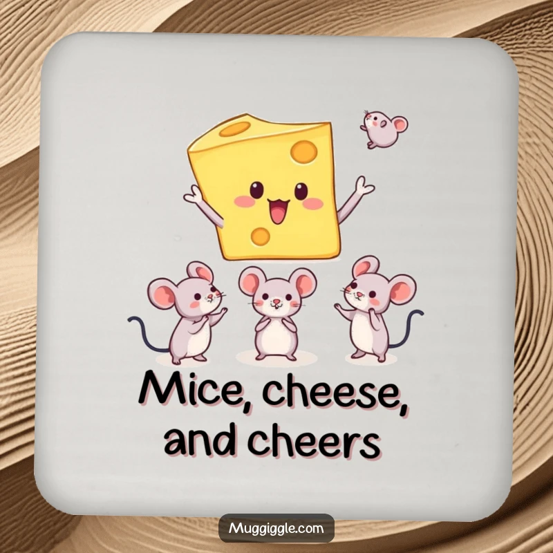 Funny coaster depicting a cheese character juggling mice, offering surface protection with a hilarious and surprisingly artistic design.