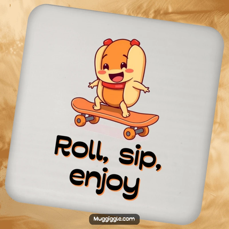 Funny coaster depicting a smiling hot dog character riding a runaway skateboard, offering surface protection with energetic, food-themed humor.