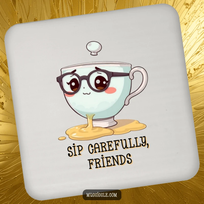 Funny coaster depicting a teacup character with spectacles spilling tea in bewilderment, offering surface protection with relatable humor.