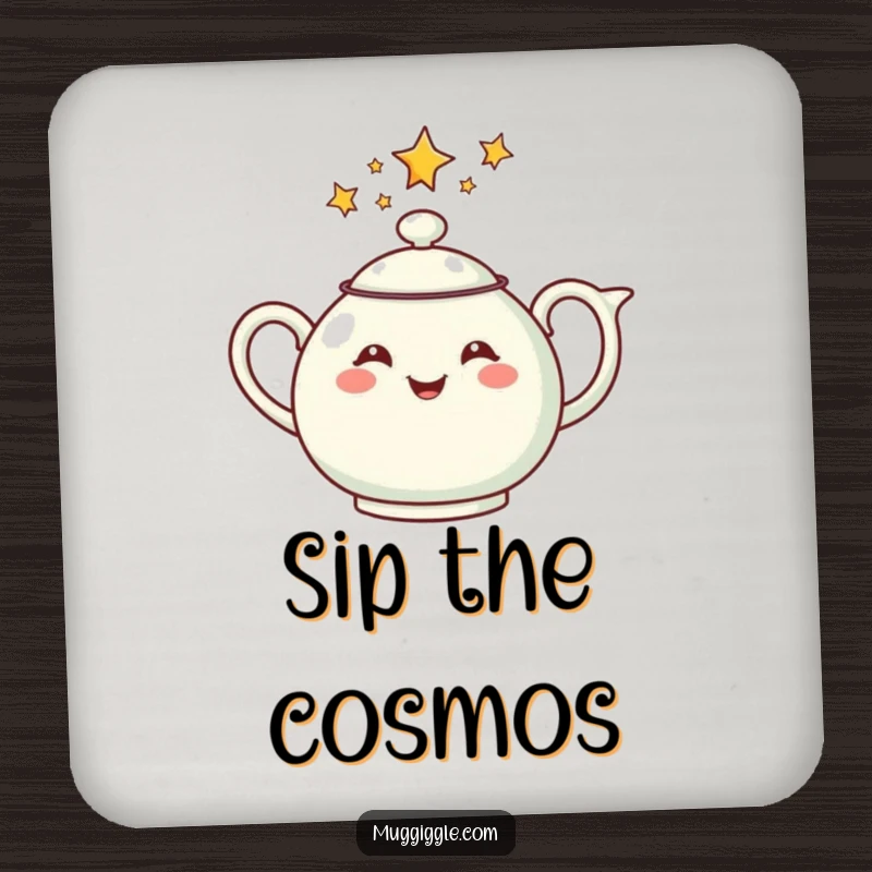 Funny drink coaster featuring a cheerful teapot pouring a stream of stars, adding magical charm and humor to table settings.