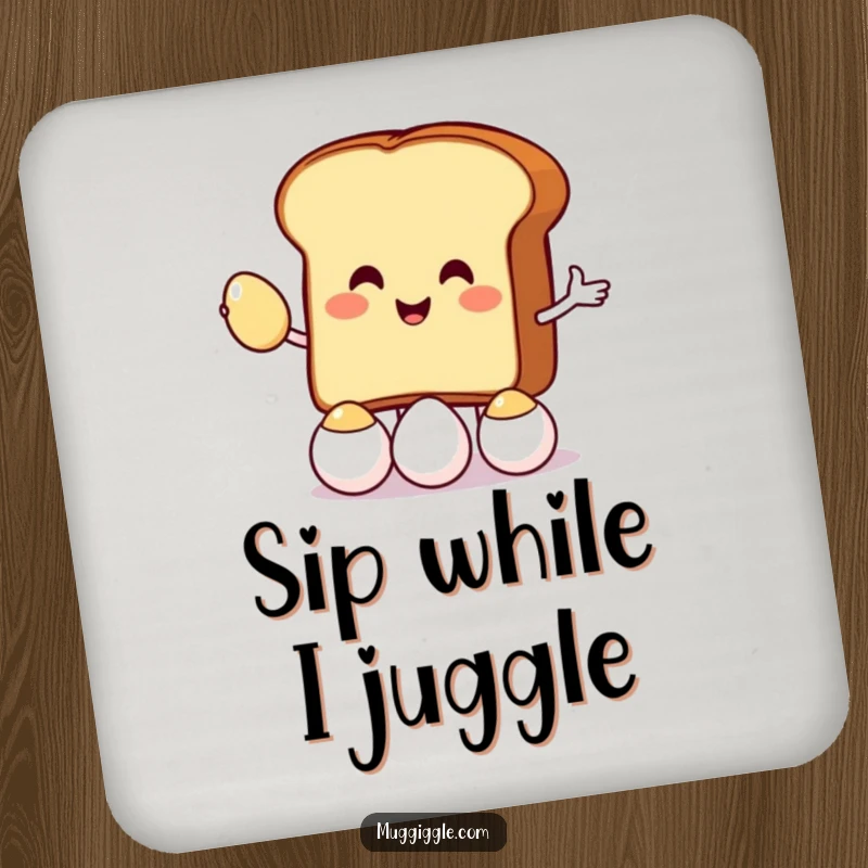 Funny drink coaster featuring a toast character juggling eggs, offering surface protection with a humorous and breakfast-themed design.