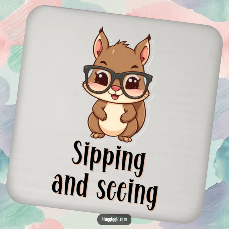 Funny drink coaster featuring a squirrel hilariously trying on oversized glasses, adding woodland charm and humor to table settings.