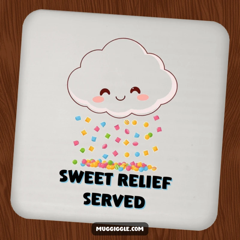 Funny drink coaster featuring a smiling cloud raining candy pieces, adding sweet charm and humor to table settings.
