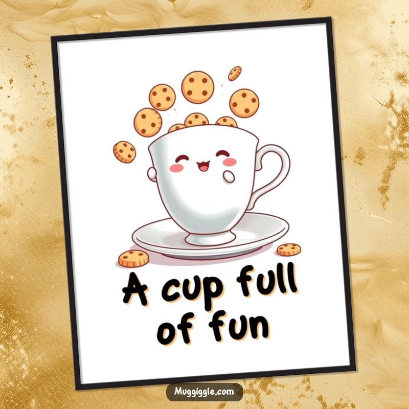 Funny Poster: Tiny teacup character juggling bouncing cookies, whimsical and humorous wall art.