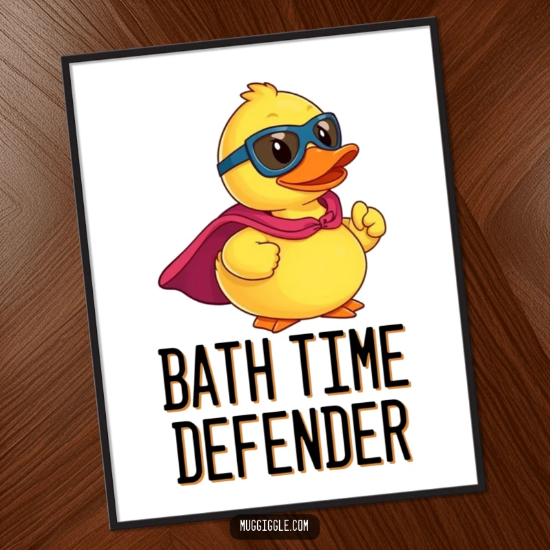 Funny poster featuring a rubber ducky superhero in a detailed cape, striking a classic heroic pose, radiating confidence.