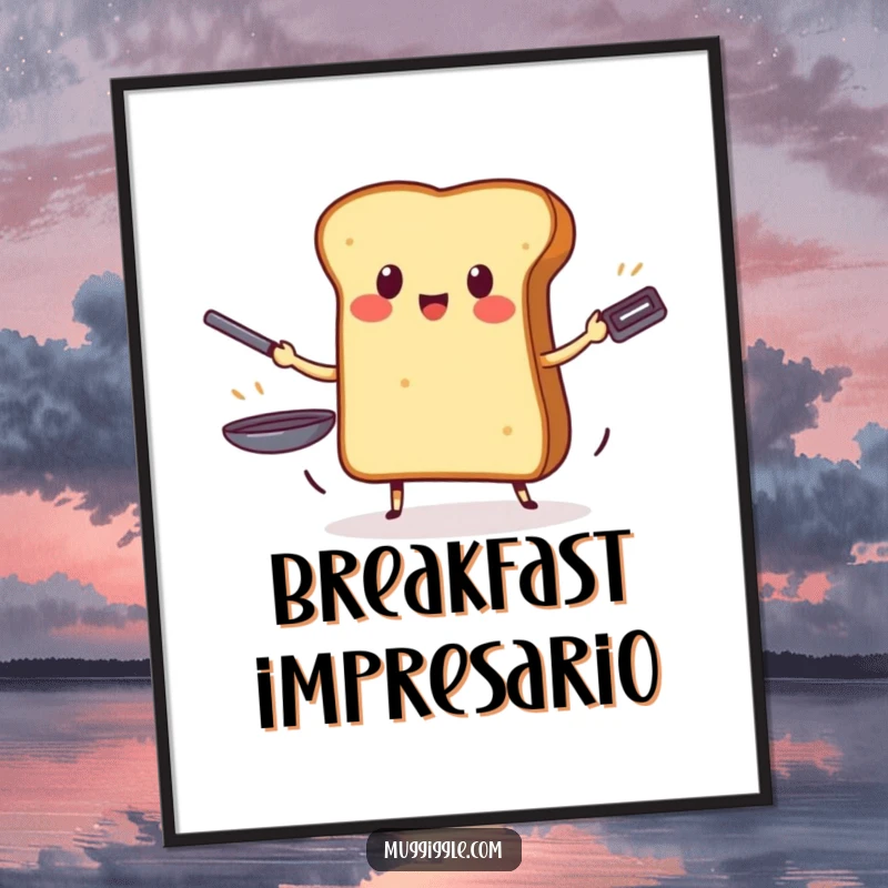 Funny poster illustrating a brave piece of toast masterfully juggling three flaming frying pans, a humorous culinary masterpiece.