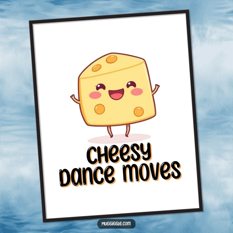 Funny happy cheese wedge character with tiny dancing legs, a humorous and cheerful poster for wall art.