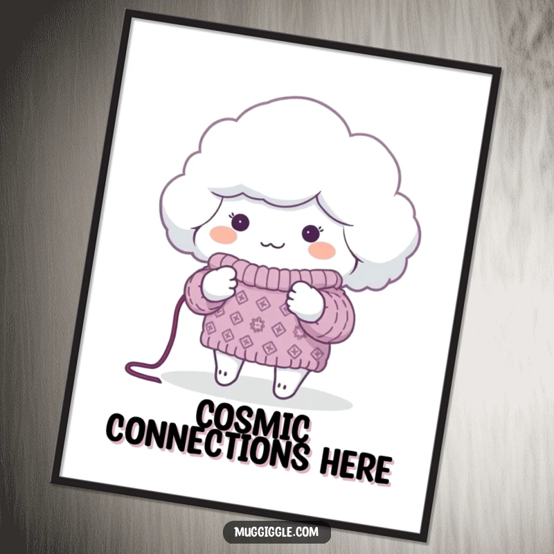 Funny Poster of a fluffy cloud knitting a sweater for a tiny planet, adding whimsical, eco-conscious humor to wall decor.