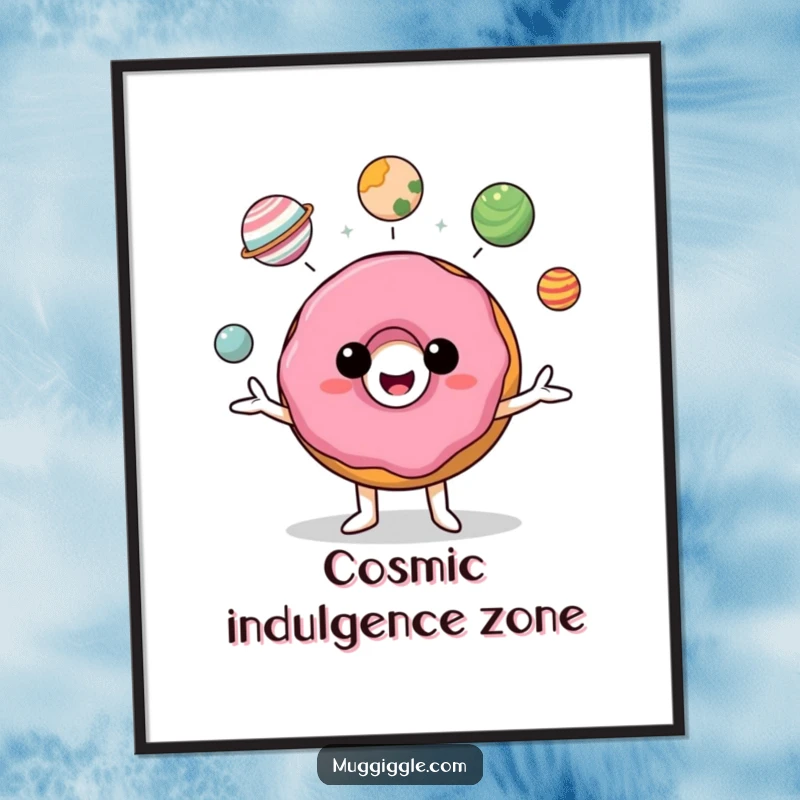 Funny donut character artfully juggling tiny planets, a whimsical and humorous wall art piece.