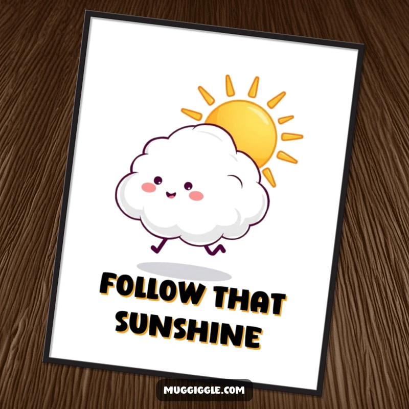Funny fluffy cloud with tiny legs excitedly chasing a beaming sun, presented as playful wall art.