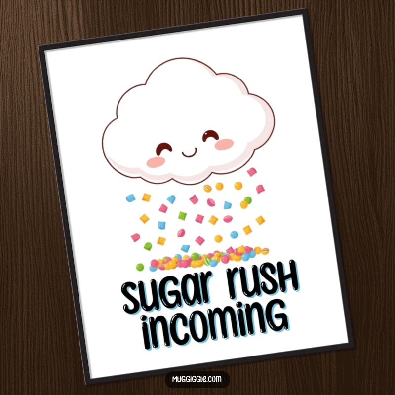 Funny poster artwork of a smiling cloud showering tiny, colorful candy pieces, creating a whimsical and joyful scene.