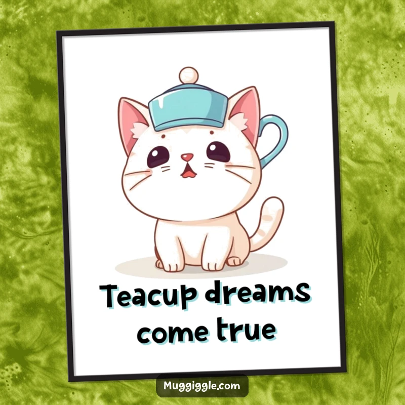 Funny art poster depicting a surprised cat character comically wearing a teacup as a hat, creating a whimsical scene.