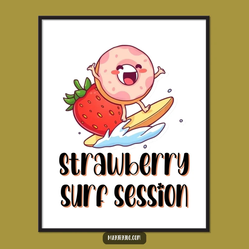 Funny Donut Surf Poster: Exciting Strawberry Wave Art for Whimsical Walls