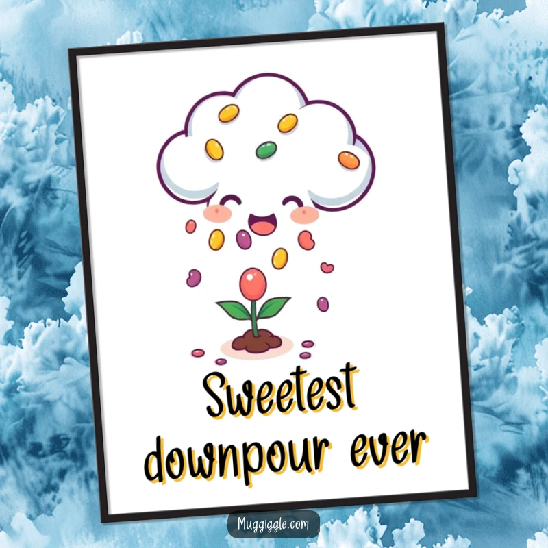 Funny poster of a happy cloud character raining jellybeans onto a small plant, symbolizing joy and sweet surprises for cheerful decor.