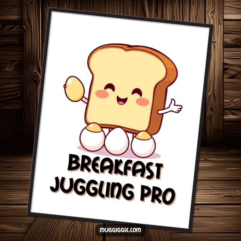 Funny poster art of a toast character juggling eggs, bringing whimsical breakfast humor and charm to wall decor.