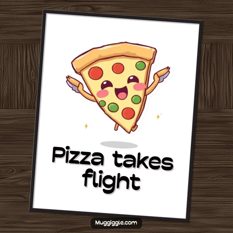 Funny poster of a joyful pizza slice character attempting flight with breadstick wings, perfect for adding humorous and foodie-themed decor.