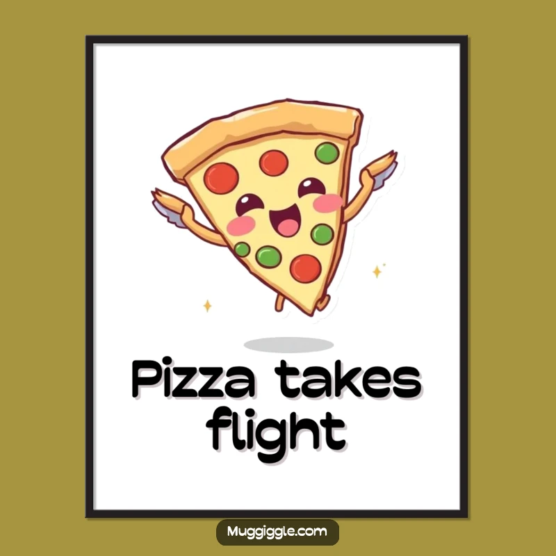 Funny Pizza Flying Poster: Joyful Slice Character Art - Hilarious Foodie Decor Gift