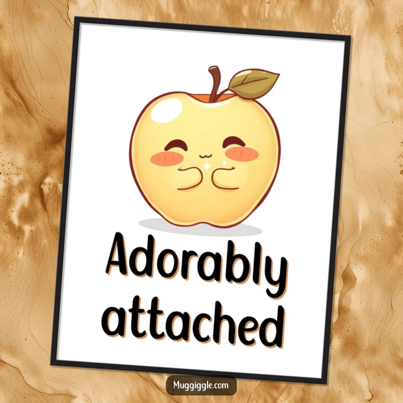 Funny Poster of a shyly blushing apple hugging a large, sparkly button, adding sweet and humorous artwork to any wall.