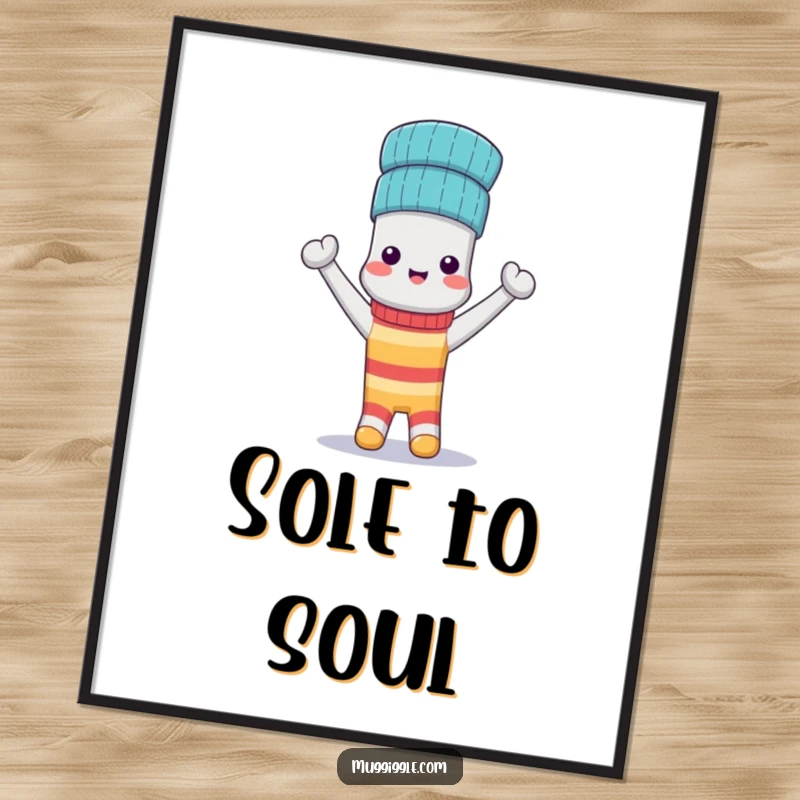 Funny Poster: An anthropomorphic sock proudly wears its matching sock as a jaunty hat, celebrating a happy reunion.